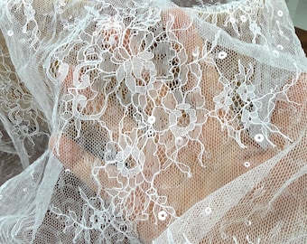 1 yard cear sequin wedidng gown lace fabric with 2 size clear sequins