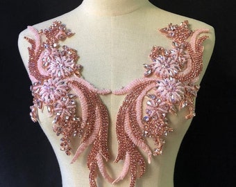 Pink Crystal Phoenix Strass Applikation Paar Kristall Perlen Brautkleid Mieder Cape Couture Kristall Applikation