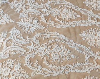 Retro style bridal Alencon lace fabric in ivory, wedding gown bridal dress fabric , scalloped fabric