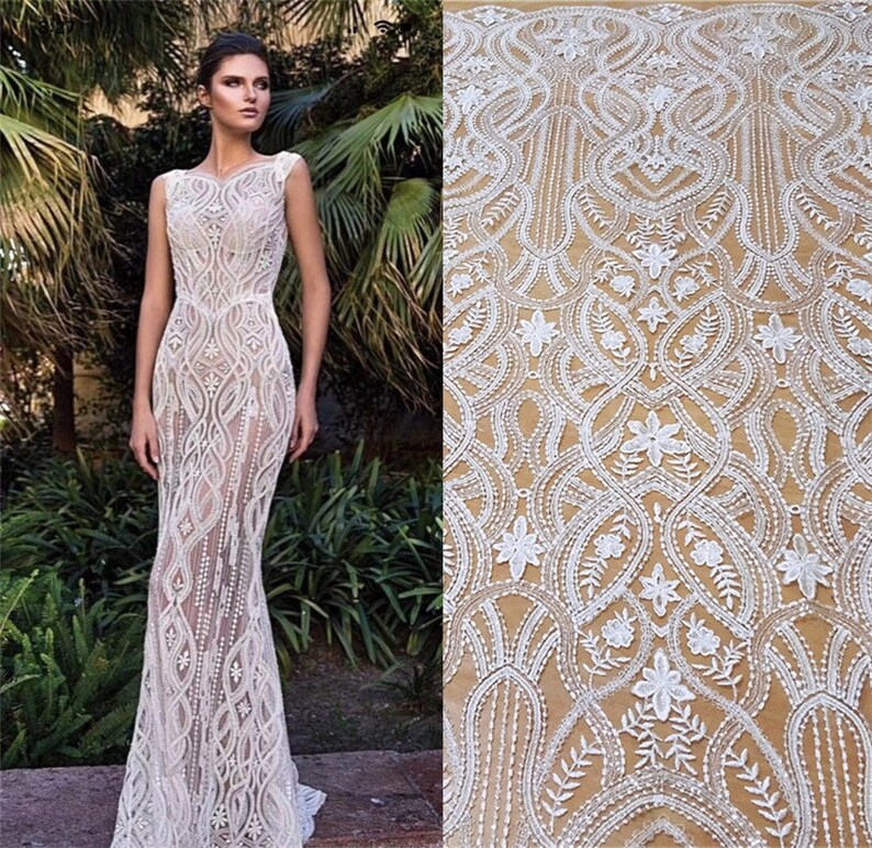 Quality Translucent Sequin Lace Fabric in Vintage style Off White Couture Lace Fabric by yard with Clear Sequin