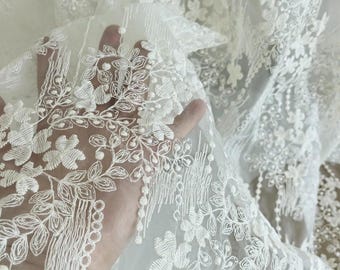 Cotton Floral Embroidery Lace Fabric with Doulble Sides Design Embroider Lace Fabric, Vintage Bridal Gown Fabric