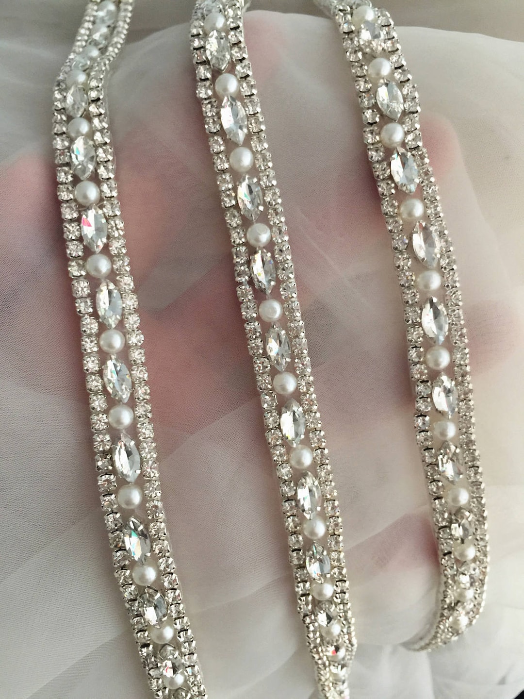 3 Rows Rhinestone Good e and Pearl Trim, Wedding Dress Strap, Beaded Bridal  Trim for Sashes, Belts, Headbands