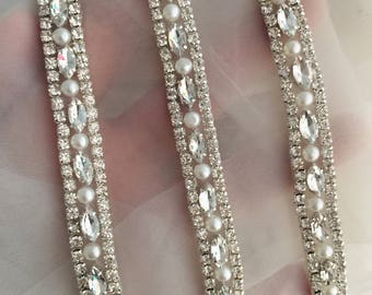 rhinestone trim with pearl , crystal beaded lace trim for wedding gown embellishment, bridal sash DIY