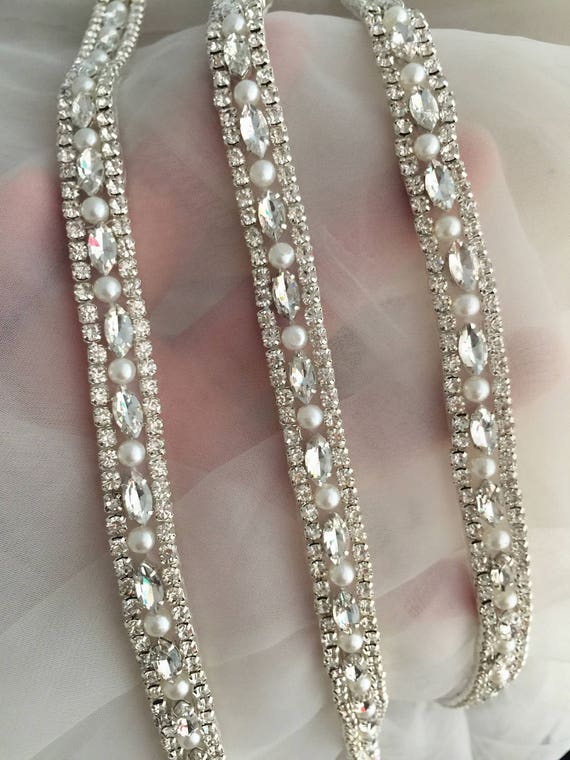 Rhinestone Trim With Pearl , Crystal Beaded Lace Trim for Wedding Gown  Embellishment, Bridal Sash DIY 