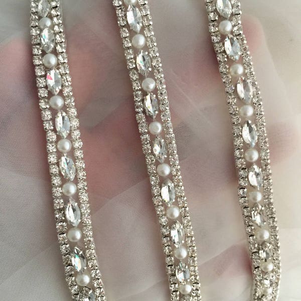 rhinestone trim with pearl , crystal beaded lace trim for wedding gown embellishment, bridal sash DIY
