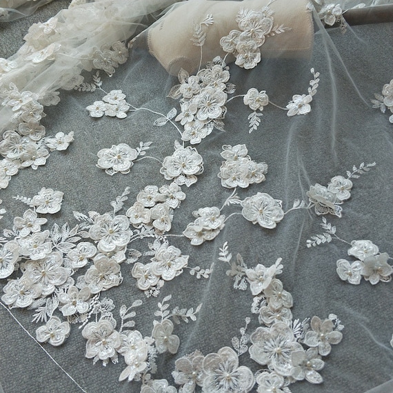 1 Yard Exquisite Pearl Beaded 3D Flower Mesh Embroidery Lace 1 Yard Exquisite Pearl Beaded 3D Flower Mesh Embroidery Lace