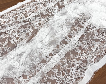 3 yards off white Chantilly lace fabric, bridal chantilly lace, French lace fabric with scalloped borders, ivory lace fabric with eyelash