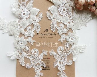 2 pièces 3D Tiny Pearl Perle Dentelle Applique Patch Motif Robe de mariée Applique DIY Coiffe de mariée Ivoire Blanc Dentelle Col