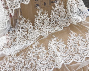 Off White Clear Sequin Eyelash Alencon Lace Fabric Trim  Bridal Veil Trim
