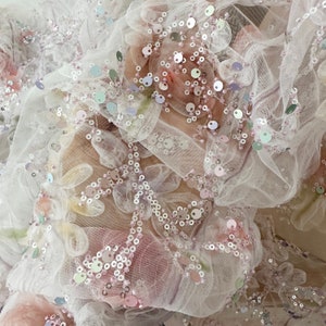1 Yard Delicate 3D Ruffle Tulle Lace Fabric, Dusty Pink 3D Beading Colorful Sequin Evening Dress Fabric