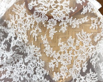 3 yards off white Chantilly lace fabric, bridal chantilly lace, French lace fabric with scalloped borders, ivory lace fabric with eyelash