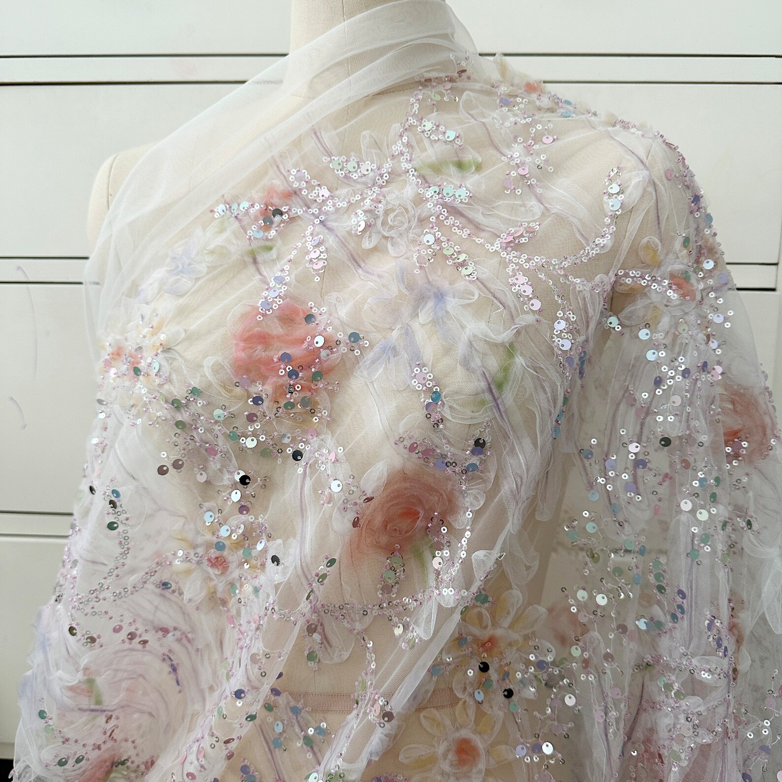 1 Yard Delicate 3D Ruffle Tulle Lace Fabric, Dusty Pink 3D Beading ...
