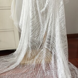 Peut inclure: Tissu de dentelle blanche perl&eacute;e avec un motif d&eacute;licat de petites perles blanches et de fines lignes. Le tissu est transparent et a une texture douce et fluide.