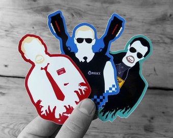 Set of Cornetto Trilogy Vinyl Stickers - Shaun of the Dead, Hot Fuzz, The World's End - Simon Pegg, Nick Frost, Edgar Wright - Die Cut Decal