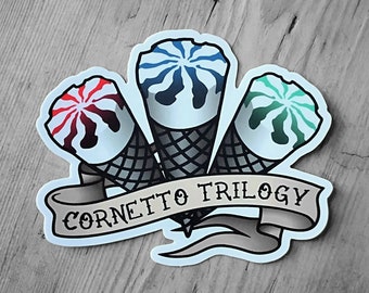 Cornetto Trilogy Tattoo Vinyl Sticker - Shaun of the Dead, Hot Fuzz, The Worlds End, Edgar Wright, Simon Pegg, Nick Frost - Die Cut Sticker