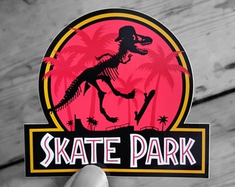 Jurassic Skate Park Vinyl Sticker - Skateboard, Jurassic Park Logo Parody - Die Cut Waterproof Gloss Vinyl Sticker