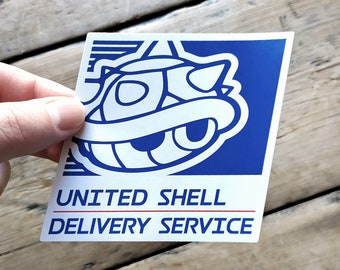 United Shell Delivery Service Vinyl Sticker - Mario Kart, USPS, Logo Parody, Gaming, Video Game, Blue Shell - Die Cut, Waterproof Decal