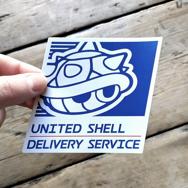 Autocollant en vinyle United Shell Delivery Service - Mario Kart, USPS, logo parodie, jeux, jeu vidéo, coque bleue - décalcomanie imperméable