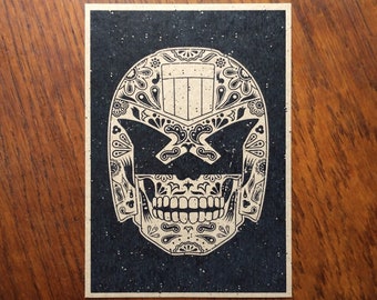 Day of the Dredd A6 Recycled Brown Card Print - Judge Dredd, Day of the Dead, Dia De Los Muertos, Dia De Muertos, Sugar Skull, Comic Book