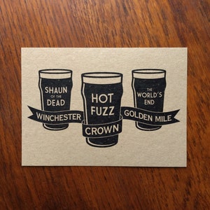 Impression de cartons bruns recyclés Cornetto Trilogy Pubs A6 - Shaun of the Dead, Hot Fuzz, The Worlds End, Edgar Wright, Simon Pegg, Nick Frost