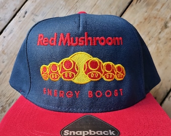 Red Mushroom Baseball Cap - Embroidered Design, Mario Kart, Red Bull, F1, Formula 1, Video Game, N64 - Flat Peak, Snapback, Limited Edition