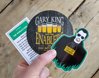 The World's End Sticker, Beer Mat & Monopoly Card - Cornetto Trilogy, Gary King and The Enablers, Simon Pegg, Nick Frost, Edgar Wright