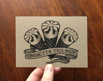 Cornetto Trilogy Tattoo A6 Recycled Brown Card Print - Shaun of the Dead, Hot Fuzz, The Worlds End, Edgar Wright, Simon Pegg, Nick Frost