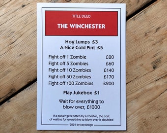 Shaun of the Dead A6 Property Card - Monopoly, The Winchester, Cornetto Trilogy, Pub, Edgar Wright, Simon Pegg, Nick Frost, Board Game