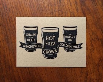 Cornetto Trilogy Pubs A6 Recycled Brown Card Print - Shaun of the Dead, Hot Fuzz, The Worlds End, Edgar Wright, Simon Pegg, Nick Frost