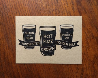 Cornetto Trilogy Pubs A6 Recycled Brown Card Print - Shaun of the Dead, Hot Fuzz, The Worlds End, Edgar Wright, Simon Pegg, Nick Frost