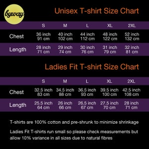 Puede incluir: Tabla de tallas de camisetas unisex y de mujer con medidas en pulgadas y cent&iacute;metros. La tabla muestra las medidas de pecho y longitud para las tallas S, M, L, XL y 2XL.