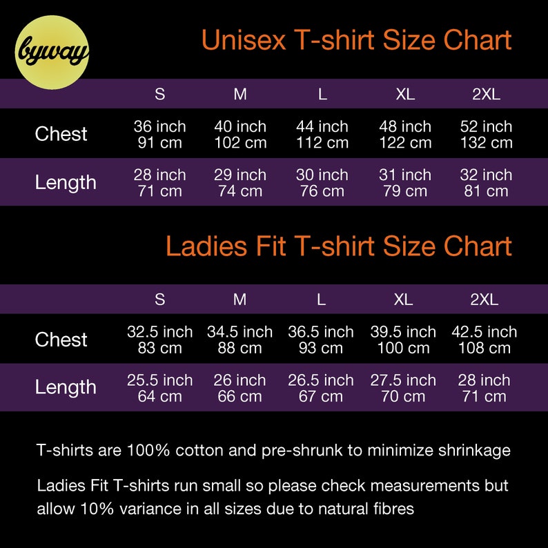 Puede incluir: Tabla de tallas de camisetas unisex y de mujer con medidas en pulgadas y cent&iacute;metros. La tabla muestra las medidas de pecho y longitud para las tallas S, M, L, XL y 2XL.