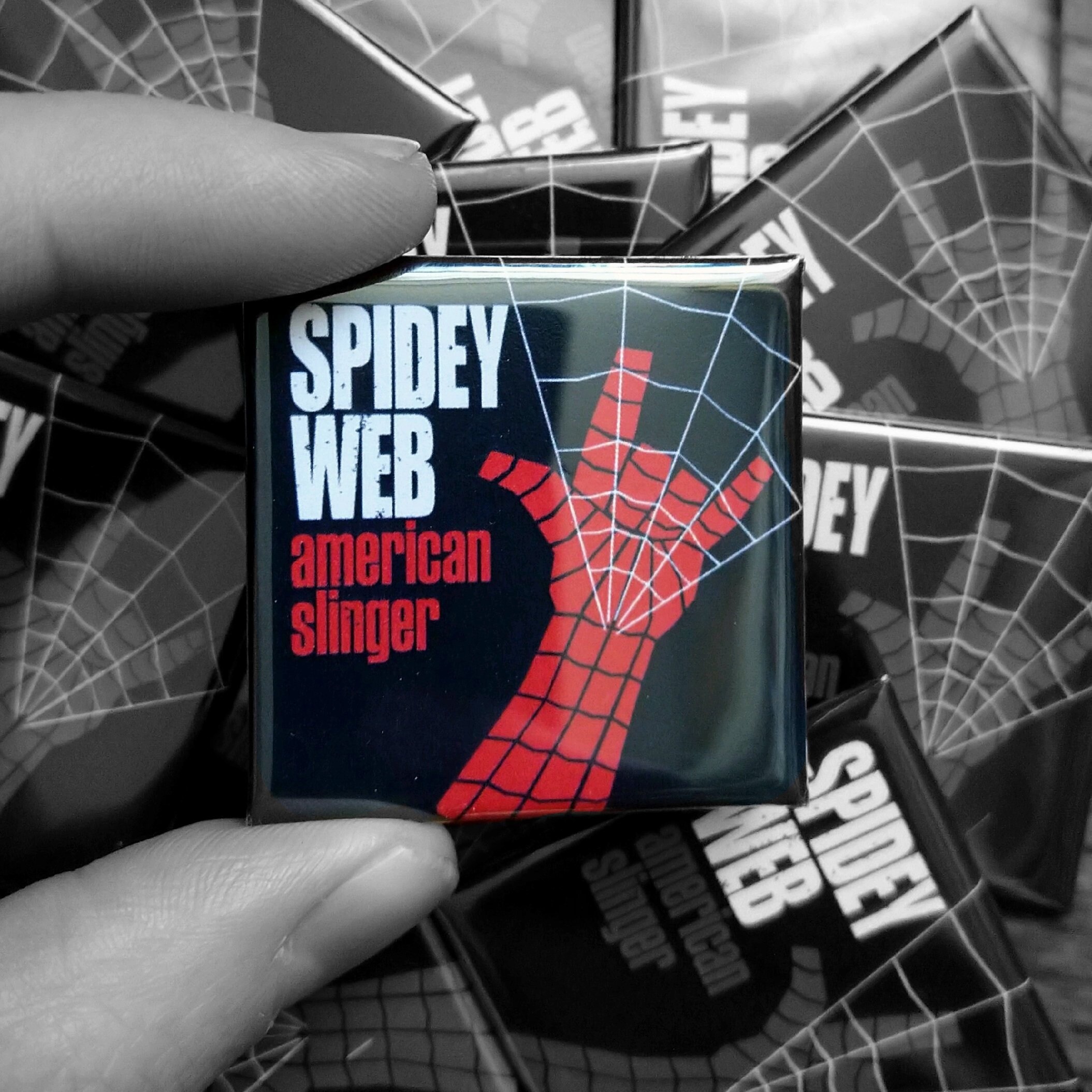 Spidey Web Spider Man Green Day American Idiot Album Cover Parody 38mm Square Button Badge
