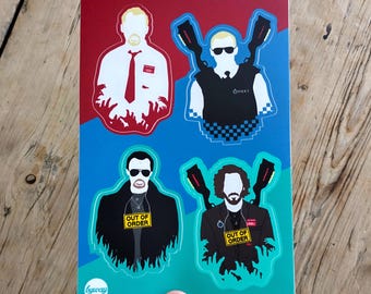 Cornetto Trilogy Sticker Sheet - Shaun of the Dead, Hot Fuzz, The World's End - Simon Pegg, Nick Frost, Edgar Wright - Kiss Cut Vinyl Decals