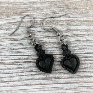 Tierracast Black Milagro Heart Earrings ~ Flaming Heart Earrings ~ Sacred Heart Earrings ~ Gift Box ~ Black Heart Earrings ~ Gothic Jewelry