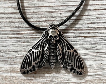 Death's Head Hawk Moth Necklace: Antique Silver Skull Gothic Pendant