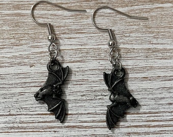 Oxidized Black Pewter Bat Earrings: Gothic Halloween Jewelry