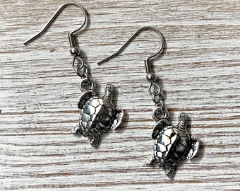 Silver Plated Sea Turtle Earrings: Tierracast Pewter Charms