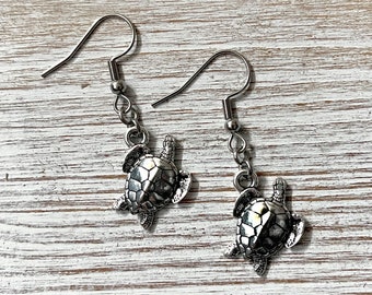 Silver Plated Sea Turtle Earrings: Tierracast Pewter Charms