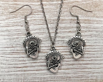 Day of the Dead Necklace and Earrings: Silver Plated Pewter Calavera Skull Jewelry Set