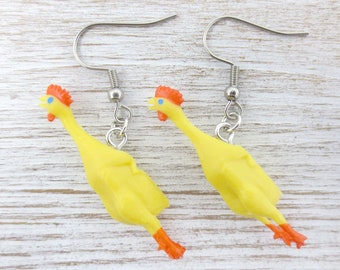 Mini Rubber Chicken Earrings: 1980s Style Novelty Jewelry
