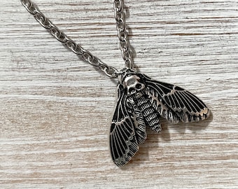 Death's Head Hawk Moth Necklace: Antique Silver Skull, Gothic Stainless Steel Chain