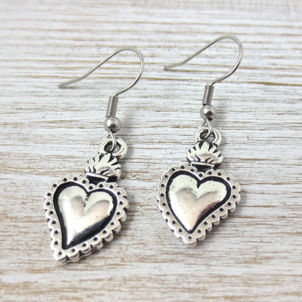 Flaming Heart Earrings ~ Sacred Heart ~ Milagro Heart ~ Silver Plated Pewter ~ Gift Box