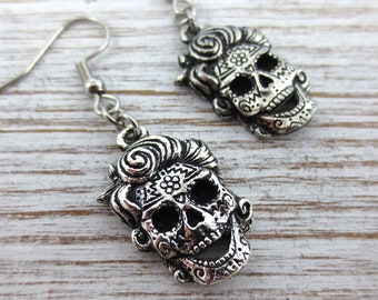 Pewter Sugar Skull Earrings ~ Skull Jewelry ~ Pewter Skulls ~ Skeleton Earrings ~ Skeleton Jewelry ~ Rockabilly Woman ~ Sugar Skull Lady