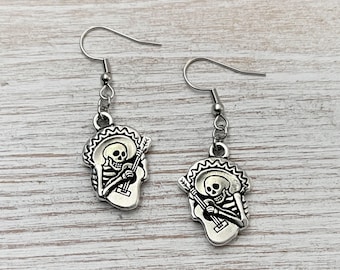 Day of the Dead Earrings: Silver Guitarro Skeleton, Tierracast Pewter