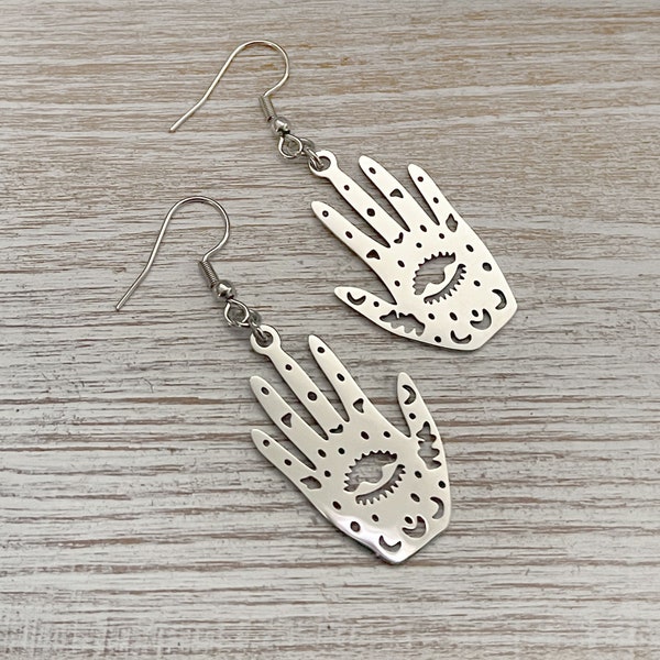 Stainless Steel Hand Earrings ~ Silver Hand Charms ~ Mystical Hand Earrings ~ Hand Jewelry ~ Hand with Eye ~ Evil Eye Earrings ~ Palmistry