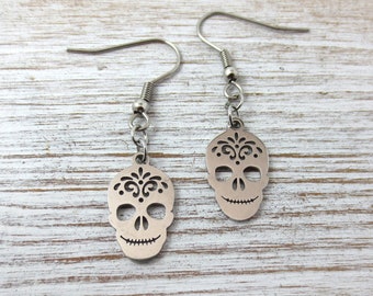 Skull Earrings ~ Stainless Steel Earrings ~ Skull Jewelry ~ Skull Gift ~ Sugar Skull Earrings