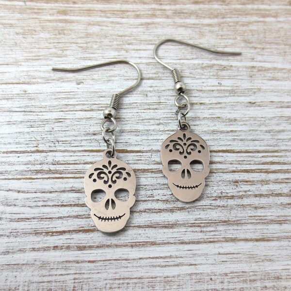 Skull Earrings ~ Stainless Steel Earrings ~ Skull Jewelry ~ Skull Gift ~ Sugar Skull Earrings