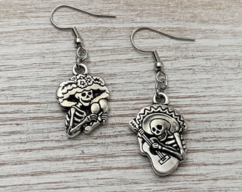 Dia de Los Muertos Earrings: Silver Plated Pewter Couple, Guitarro & Catrina