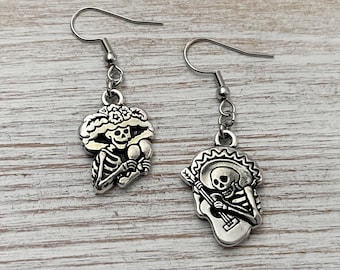 Day of the Dead Earrings: Silver Plated Pewter Skeleton Couple, Catrina & Guitarro